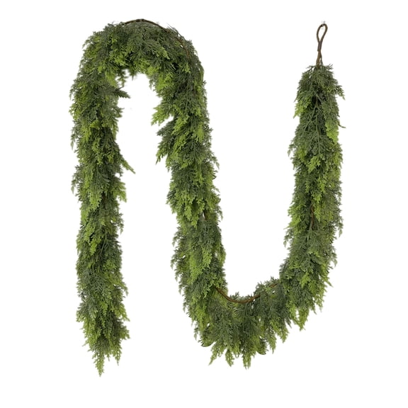 9 Ft 120 Mesh Inch Christmas Extra Thick & Lush Touch Cedar Garland Artificial Real Touch Greenery Pine Cypress 5-Branch Design with LED Lights for Mantel Fireplace Holiday Decor Indoor Outdoor
