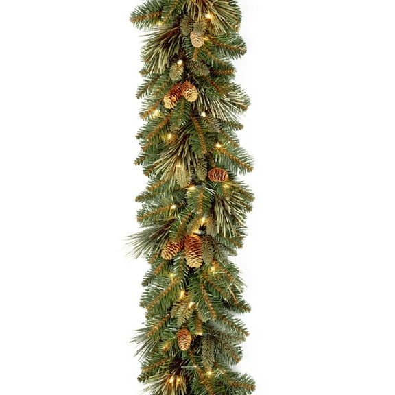 9 Ft 50 LED Pre-Lit Artificial Christmas Garland, Green, Carolina Pine Decorated with Pine Cones, Battery Operated, Christmas Collection, 9 Feet,A84