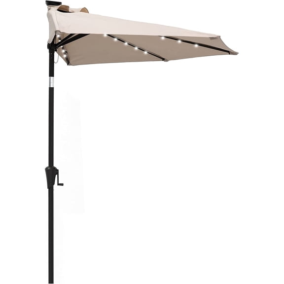 9 Ft Half Round Outdoor Patio Market Wall Umbrella with Solar LED Lights and Tilt Beige