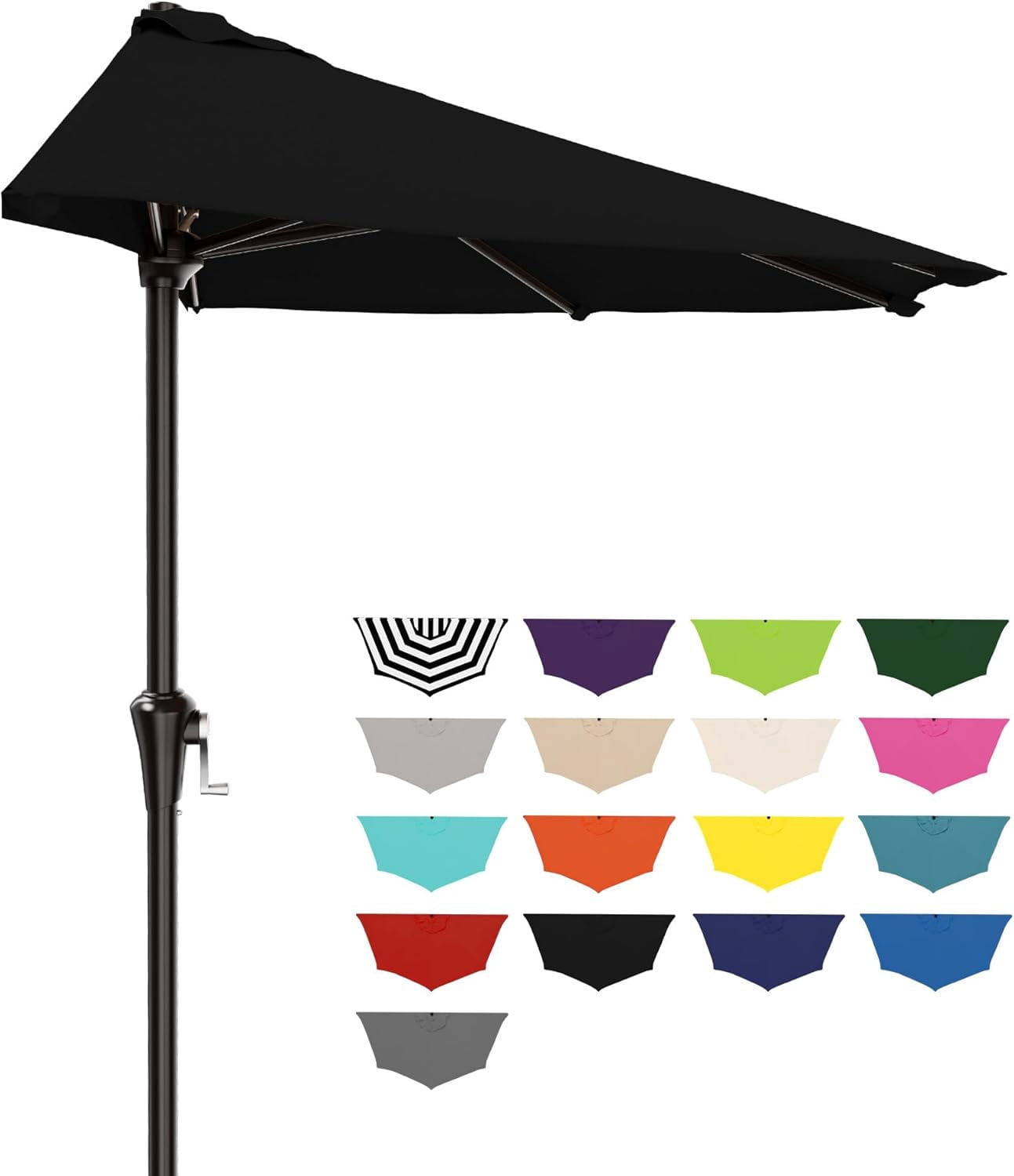 black patio half umbrella Easton 9 ft. Aluminum Market Crank Lift balconies or patios since the flat edge allows it to be placed flush against a wall or railing At Home Black Outdoor Crank