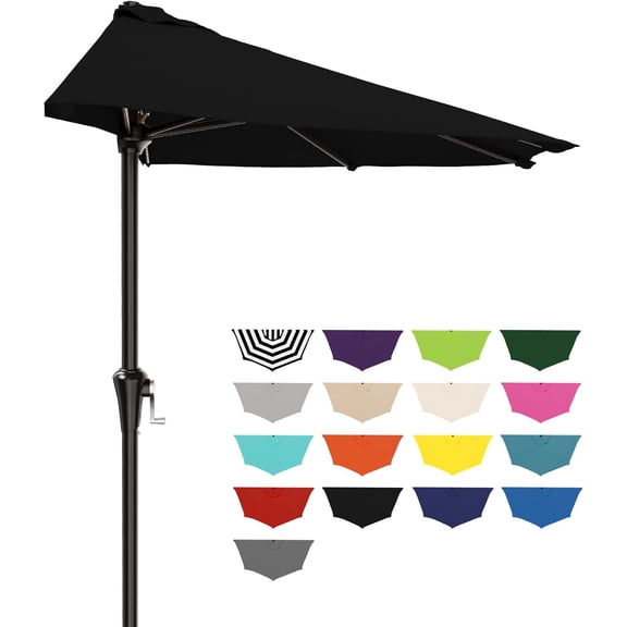 9 Ft Half Round Outdoor Wall Mount Patio Umbrella with Crank and 5 Ribs Black