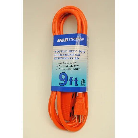 9 Ft Orange Indoor Outdoor 3-Outlet Triple Tap 16/3 Grounding Extension Cord
