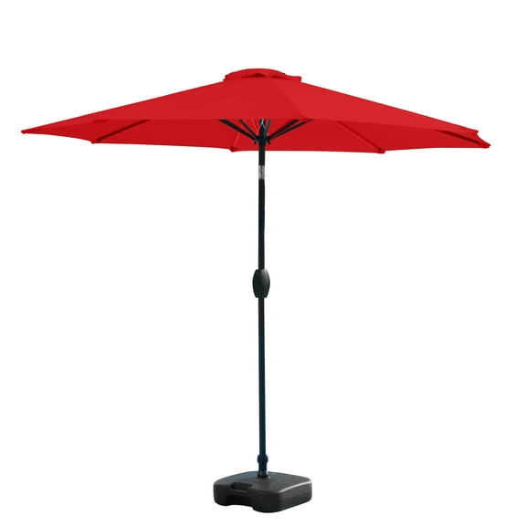 9 Ft Outdoor Patio Market Table Umbrella with Square Plastic Fillable Base, Red