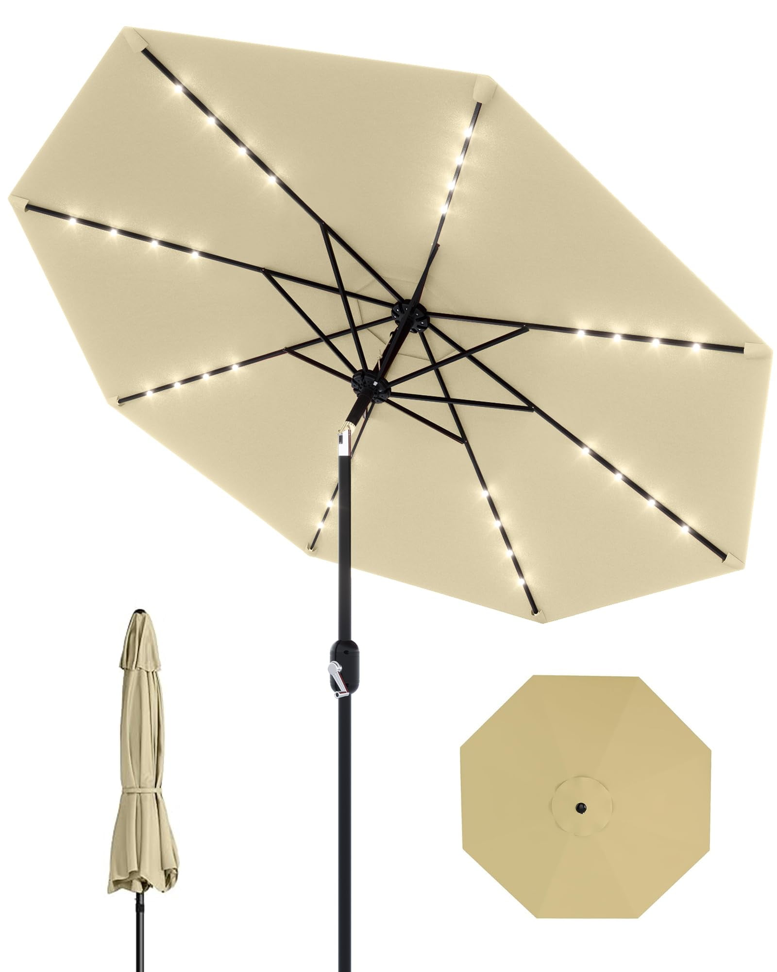 9 Ft Patio Umbrella with Solar Lights, Outdoor Table Umbrella with 32 LED Lights & Tilt Crank, 8 Ribs Market Umbrella for Pool, Deck, Backyard