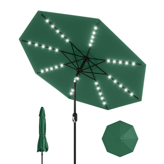 9 Ft Patio Umbrella with Solar Lights, Outdoor Table Umbrella with 32 LED Lights & Tilt Crank, 8 Ribs Market Umbrella for Pool, Deck, Backyard