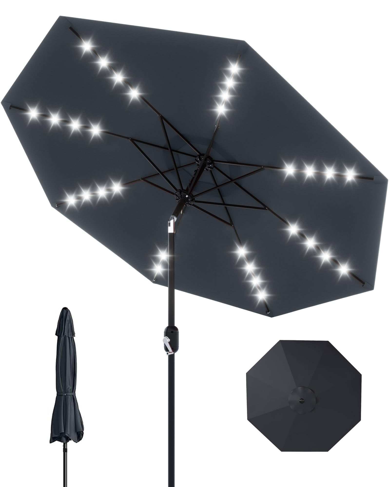 9 Ft Patio Umbrella with Solar Lights, Outdoor Table Umbrella with 32 LED Lights & Tilt Crank, 8 Ribs Market Umbrella for Pool, Deck, Backyard