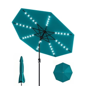 9 Ft Patio Umbrella with Solar Lights, Outdoor Table Umbrella with 32 LED Lights & Tilt Crank, 8 Ribs Market Umbrella for Pool, Deck, Backyard