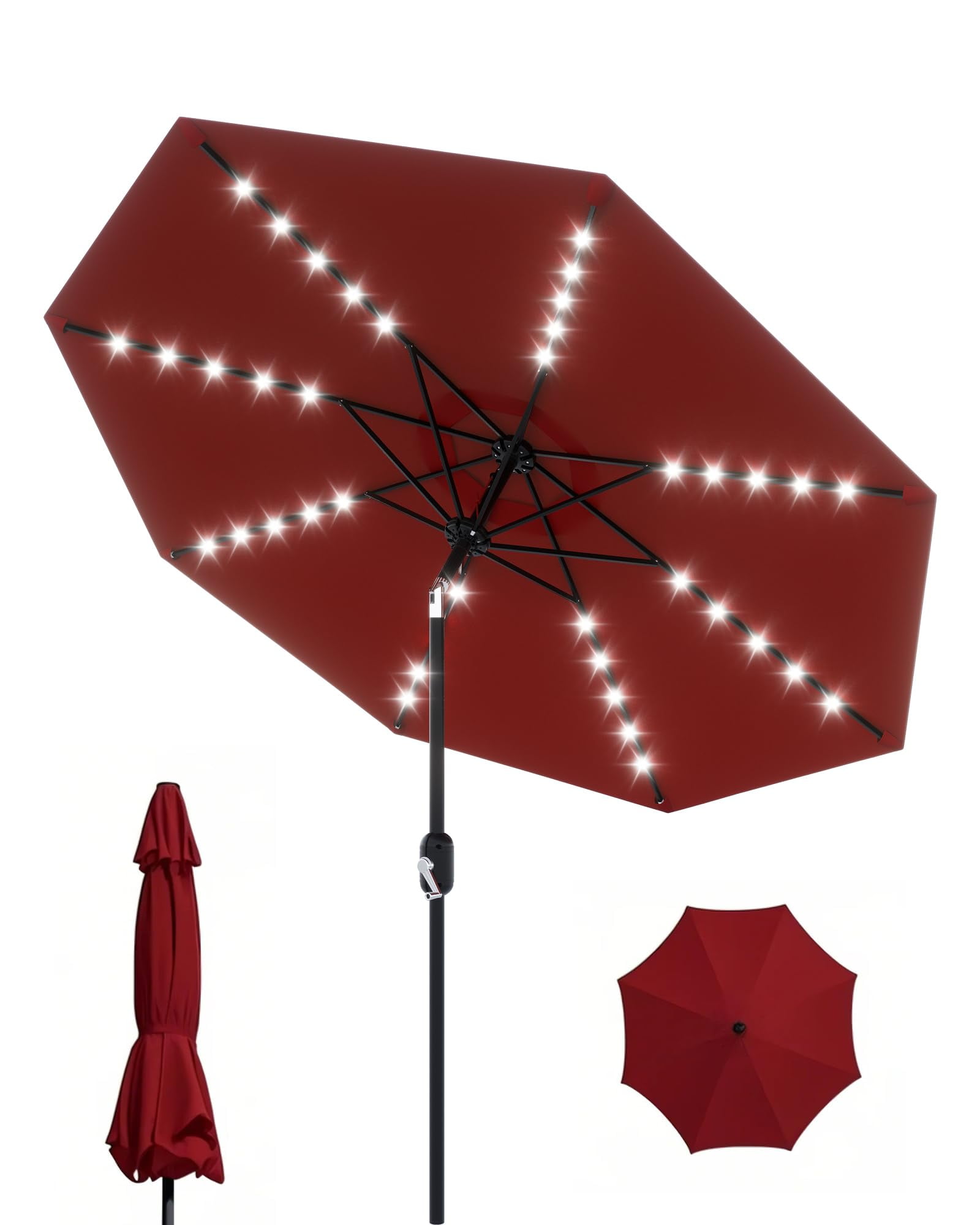 9 Ft Patio Umbrella with Solar Lights, Outdoor Table Umbrella with 32 LED Lights & Tilt Crank, 8 Ribs Market Umbrella for Pool, Deck, Backyard