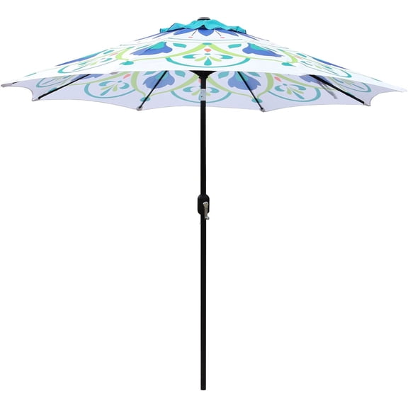 9 Ft Pattern Outdoor Patio Umbrella with Tilt and Crank, Weather Resistant, UV Protective Umbrella, Durable, 8 Sturdy Steel Ribs, Market Outdoor Table Umbrella - Green/White