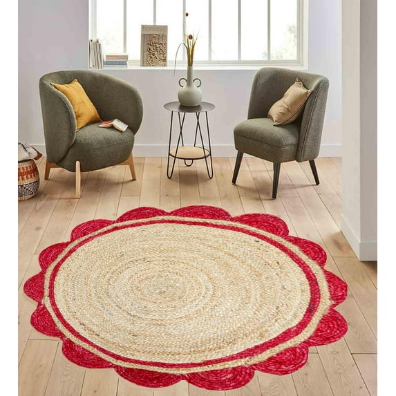 9 Ft Round Red & Natural Jute Premium Scalloped Jute Rug – Handcrafted Natural Braided Carpet for Living Room, Bedroom, Entryway – Boho Home Decor
