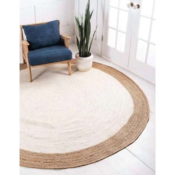 9 Ft Round White Jute Area Rug, Hand-Woven, Farmhouse Boho Style, Durable & Pet-Friendly Rug for Living Room, Dining Room, and Bedroom