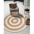 thumbnail image 1 of 9 Ft Round White & Natural Jute Area Rug, Hand-Woven, Reversible, Farmhouse Boho Style, Durable & Pet-Friendly Rug for Living Room, Dining Room, and Bedroom, 1 of 5