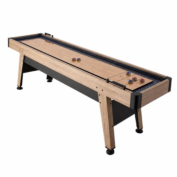 9 Ft Shuffleboard Table with Scratch-Resistant Playfield, Pedestal Legs, Levelers, 8 Pucks, Wax, Brush