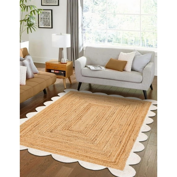 9 Ft Square White & NaturalJute Premium Scalloped Jute Rug – Handcrafted Natural Braided Carpet for Living Room, Bedroom, Entryway – Boho Home Decor