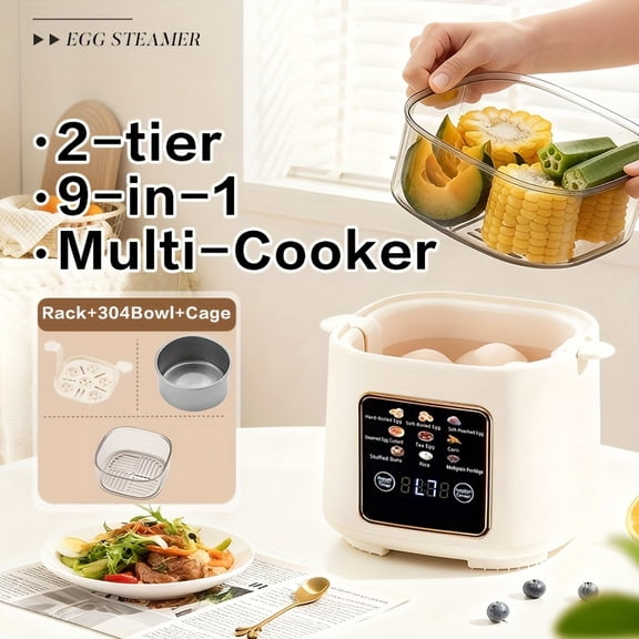 9-Function Electric Egg Boiler with Two-Layer Steamer, 304 Stainless Steel Bowl, Touch Control, and 24-Hour Timer for Cooking 6-12 Eggs - Automatic Shut-Off Design
