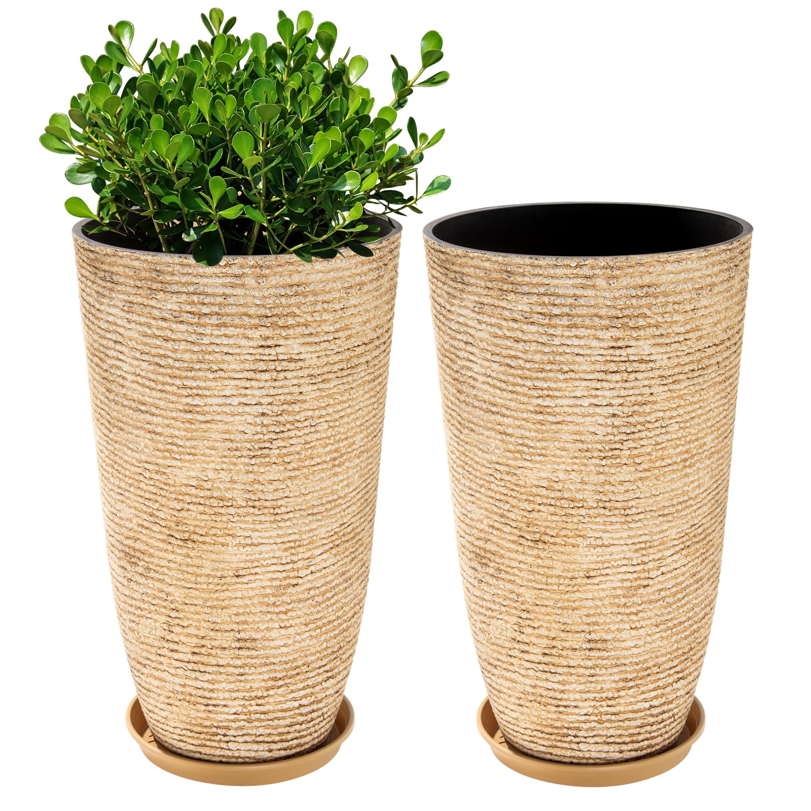 QCQHDU 21 inch Tall Planters with Saucer,2 Pack 9 Gallon Stone Round Pots for Indoor Plants,Outdoor Patio & Porch Decor, Heavy Duty Weatherproof Plant Containers,Beige