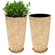 QCQHDU 21 inch Tall Planters with Saucer,2 Pack 9 Gallon Stone Round Pots for Indoor Plants,Outdoor Patio & Porch Decor, Heavy Duty Weatherproof Plant Container