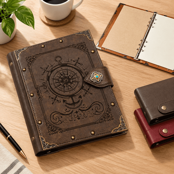 9-GrayBrown-Compass A5 Blank Refillable Journal Notebook with Metal Rings