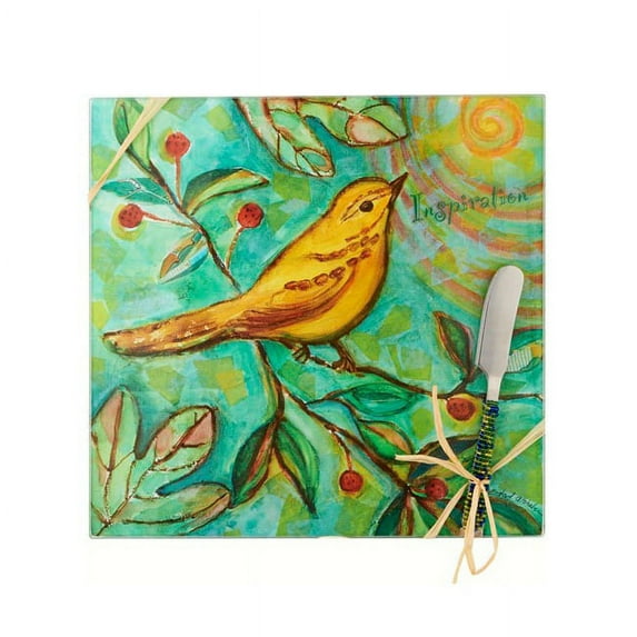 9" Green and Yellow Bird Inspiration Square Cheese Board