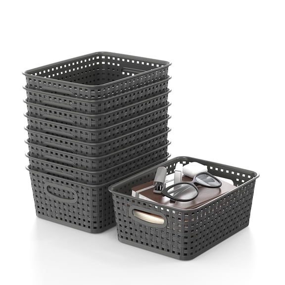 9 Grey Plastic Woven Storage Baskets, Multi-Purpose Organizer