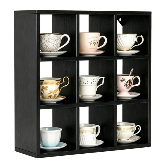 9-Grid Black Wooden Mug Display Rack, Wall Mounted Cup Organizer Shelf