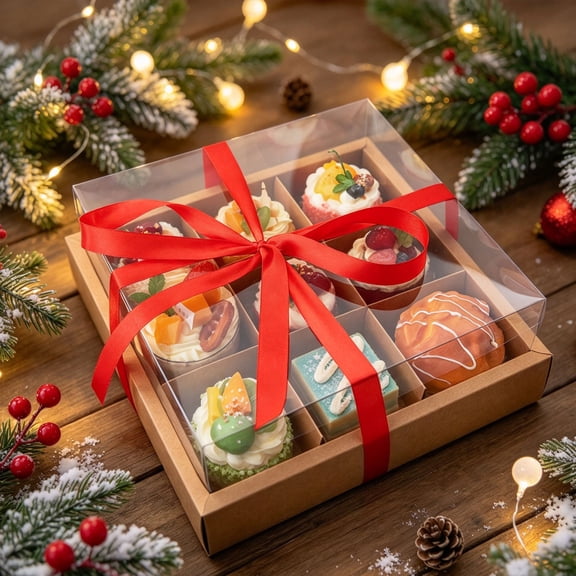 9 Grid Dessert Packaging Box, Clear Top Pastry Holder, 9.8 Inch Partitioned Cake Container, Thickened Paper Gift Box, Elevated Treat Storage Case, for Cupcakes, Macarons, Mini Cakes, Chocolate