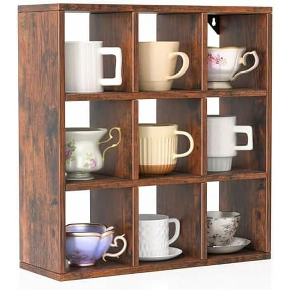 9 Grid Vintage Coffee Mug Display Rack, 16inch Wall Mounted Wooden Curio Shadow Box Shelf, Cup Floating Shelves Display and Organizer (Bronze)