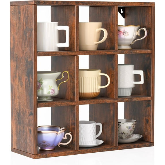 9 Grid Vintage Coffee Mug Display Rack, 16inch Wall Mounted Wooden Curio Shadow Box Shelf, Cup Floating Shelves Display and Organizer (Bronze)