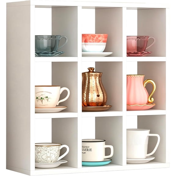 9 Grid Vintage Coffee Mug Display Rack, 16inch Wall Mounted Wooden Curio Shadow Box Shelf, Cup Floating Shelves Display and Organizer (White)
