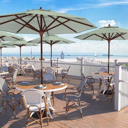 California Umbrella 9' Grove Series Patio Umbrella With Wood Pole Hardwood Ribs Push Lift With Sunbrella 1A Spectrum Mist Fabric