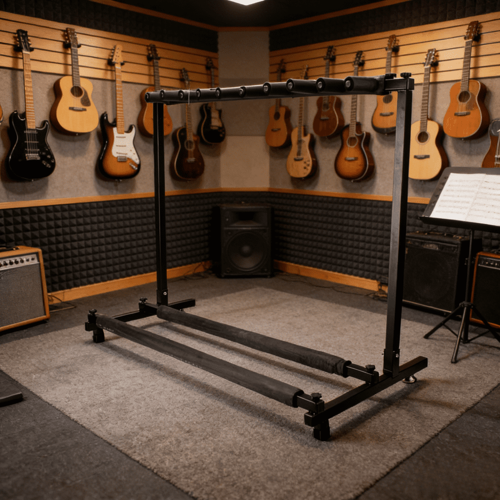 9 Guitar Stand Triple Folding Multiple Guitar Holder Rack Heavy Duty Floor Stand for Acoustic Electric Bass Guitars Space Saving Home Studio Storage Gig Performance Rehearsal Space Black Portable
