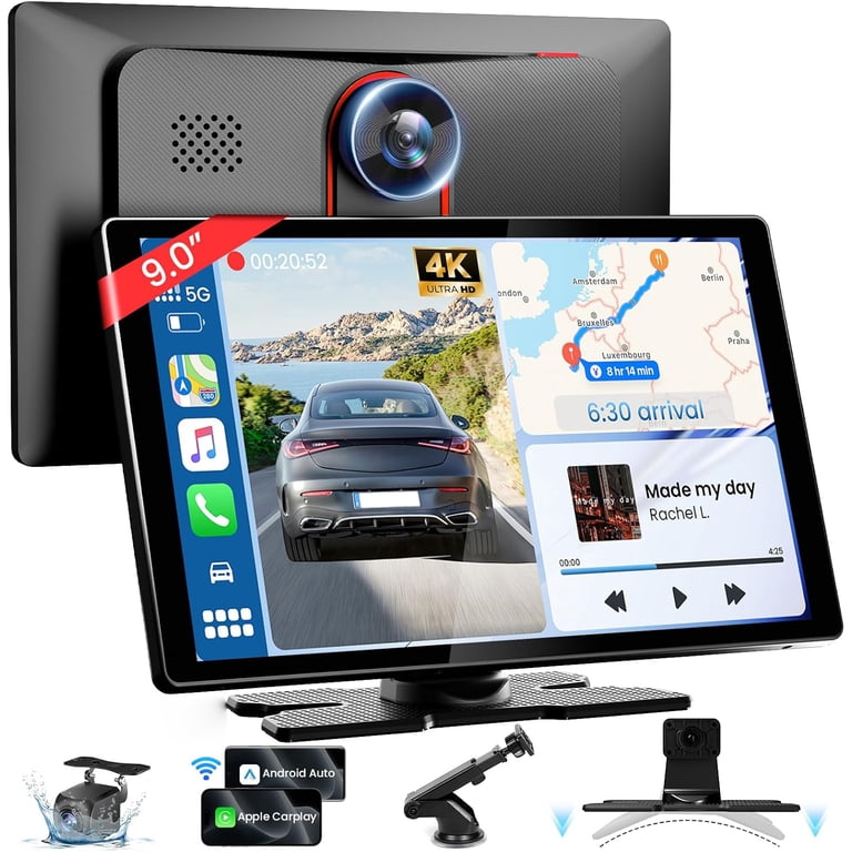 9" Wireless CarPlay Screen With 4K Dash Cam & Backup Camera - Portable Touchscreen For Car, Android Auto, GPS, Bluetooth, FM Transmitter