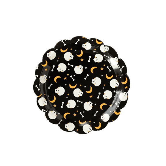 9" Halloween Skull & Moon Plates 8 Scalloped Black Party Plates with Skulls, Bones & Stars