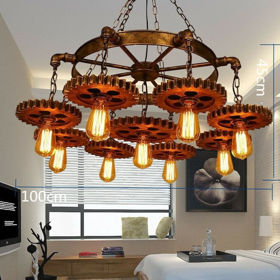 9-Head Gear-Shaped Rustic Ceiling Light Pendant Lamp Fixture Steampunk Gear Chain Chandelier 110V 40W 33.46*17.71in for Residential and Commercial Lighting, Living Rooms, Bedrooms