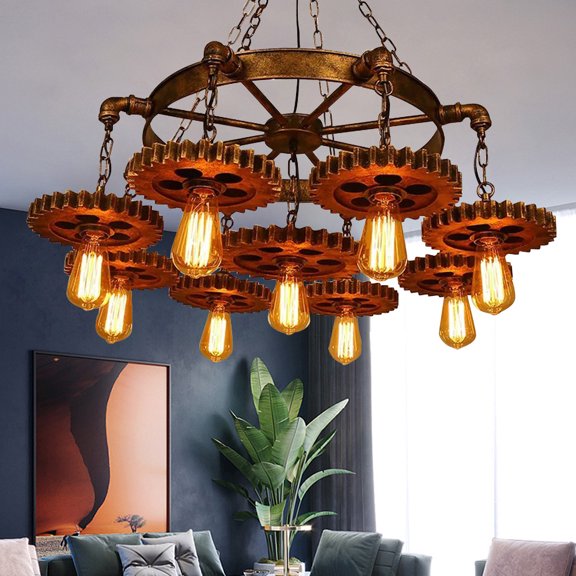 9-Head Gear-Shaped Rustic Ceiling Light Pendant Lamp Fixture Steampunk Gear Chain Chandelier 110V 40W 33.46*17.71in for Residential and Commercial Lighting, Living Rooms, Bedrooms