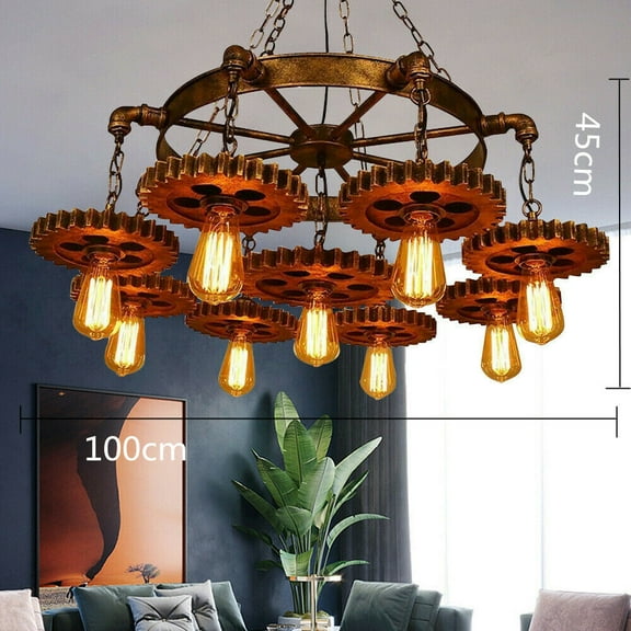 9-Head Rustic Ceiling Light Pendant Lamp Fixture Steampunk Gear Iron Chain Chandelier Height-Adjustable 110V