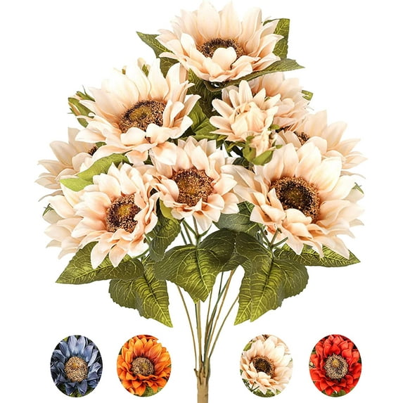 9 Heads Artificial Sunflowers Fake Vintage Sunflower Autumn Faux Silk Sunflowers Flowers Bouquet for Home Wedding Party Table Floral Centerpieces Decor (Vintage White,4Pcs)