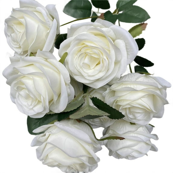 9 Heads Fake Rose Flowers Bouquet, Silk Flower Artificial Roses with Stems for Home Decor Bridal Wedding Valentine's Day Bouquet Holiday Party Table Centerpiece DIY Decor, 1Pc(White,17.7x3.7")