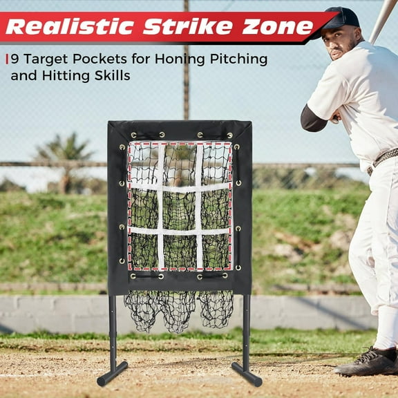9 Hole Pitching Net, Heavy-Duty Baseball Net with Strike Zone for Pitching and Hitting, Height Adjustable Training Equipment with 9 Pocket Pitching Target for Baseball & Softball Practice
