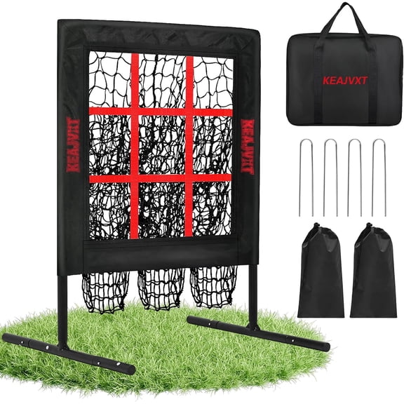 9 Hole Pitching Net with Strike Zone, Baseball Softball Pitching Target, Portable Adjustable Height Pitcher Training Equipment, More Stable Base Design