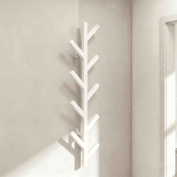 9-Hook Vertical Wall Coat Rack, White, Space-Saving Entryway Organizer