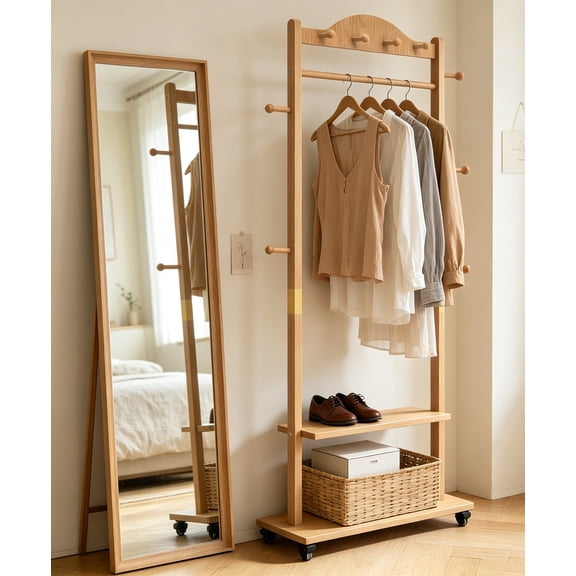 9 Hooks Heavy Duty Solid Wood Clothing Rack, 2 Shelves Storage, Coat Rack Freestanding with Wheels, Clothes Rack Coat Tree Stand Hat Hanger Rack for Home Corner, Natural