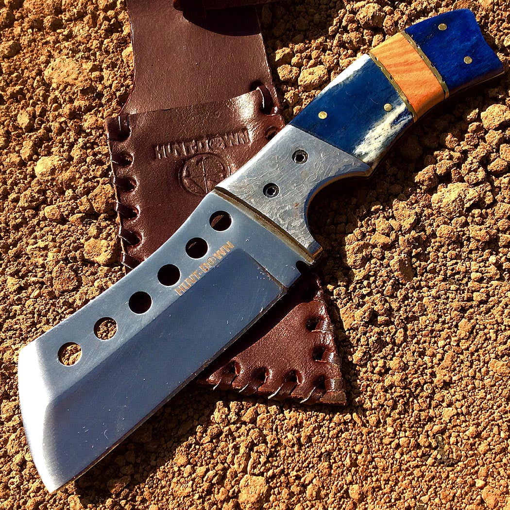 9' Huntdown Full Tang Hunting Knife with Damascus Handle and Leather Sheath