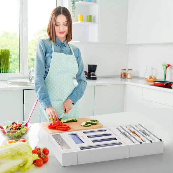 9 IN1 Bamboo Storage Bag Drawer Organizer with Cutter, Foil and Plastic Wrap Dispenser for Kitchen Storage Compatible with All Brands Gallon, Quart, Sandwich & Snack Size Bags - White