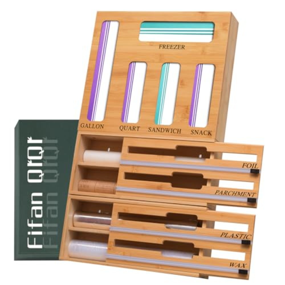 9 In 1 Storage Bag Organizer And Plastic Wrap Dispenser With Cutter Bamboo Foil and Plastic Wrap Organizer