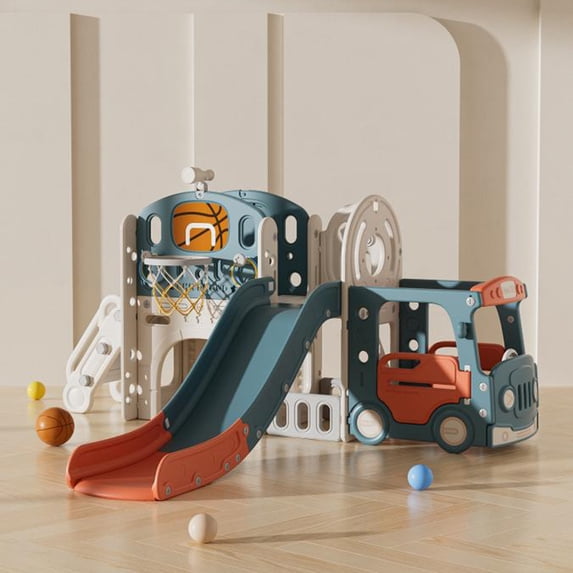 9 In 1 Toddler Slide Playset Climbing Crawling Playhouse With Slide Bus Playhouse Basketball Hoop Outdoor Indoor Playground For Boys Girls