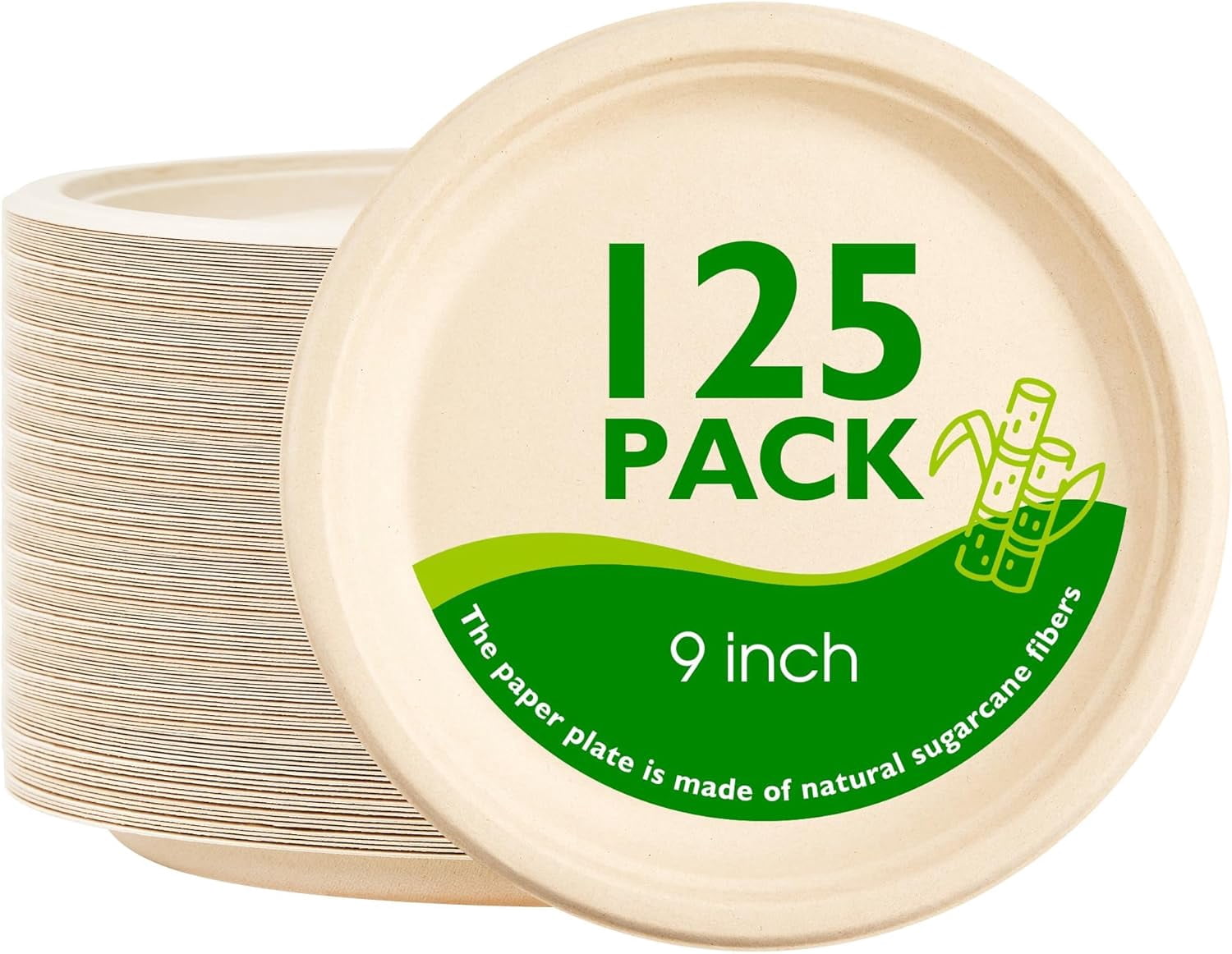 9 Inch 125 Pack Compostable Paper Plates, Biodegradable Heavy Duty Disposable Round Unbleached Brown Plates Made from Natural Sugarcane Fibers, for , Camping, Picnic