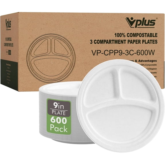 9 Inch 3 Compartment Compostable Paper Plates 600 Pack White