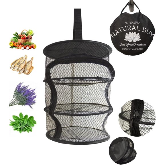 9 Inch 3 Level Micro Hanging Dry Net Indoor/Closet Drying Rack for Herbs, Organizer, Freshner - Black Mash Screen with Top-to-Bottom Zipper - Apartment Size with Zipped Storage Pouch
