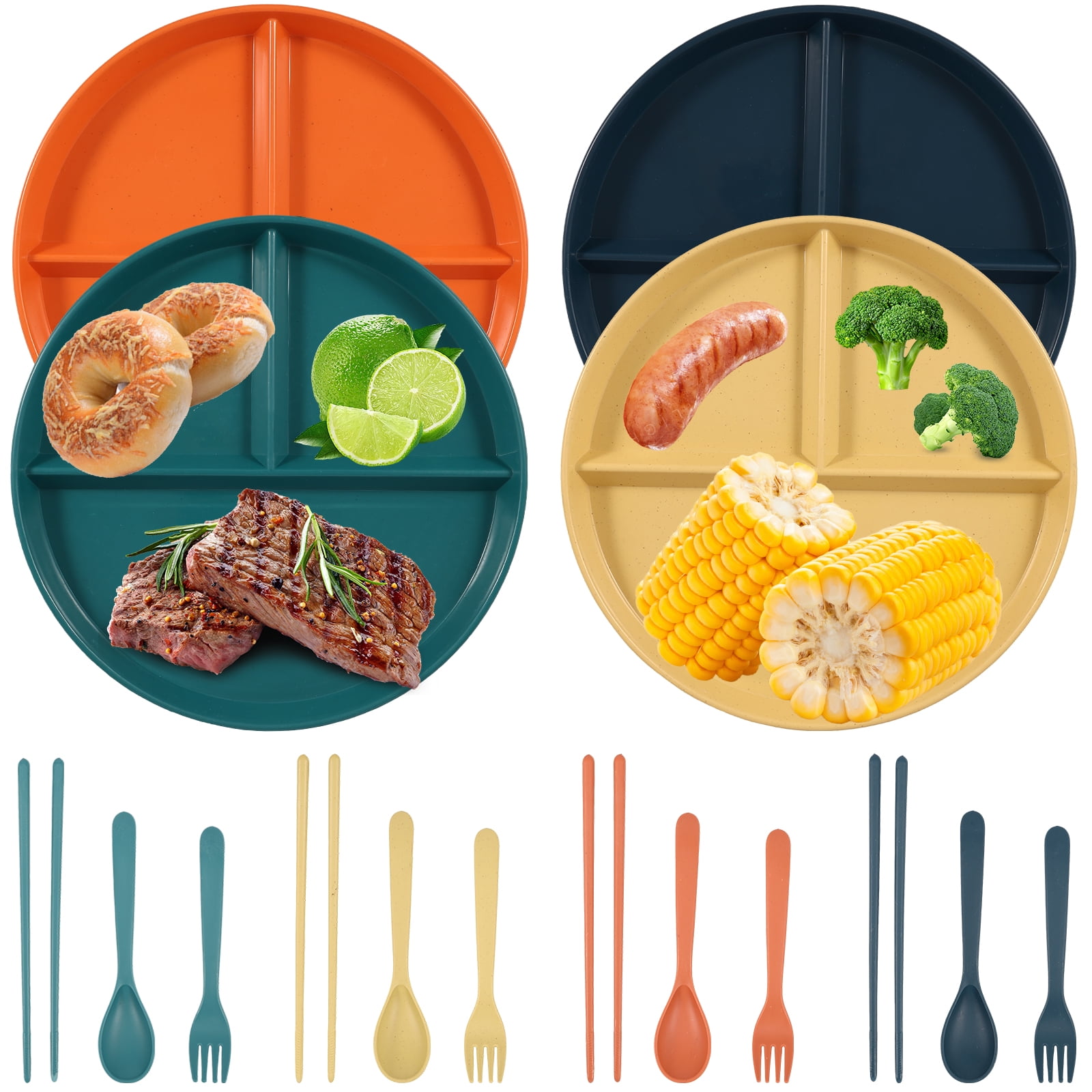 9 Inch (4PCS) Unbreakable Divided Plates for Kids Adults, Dishwasher